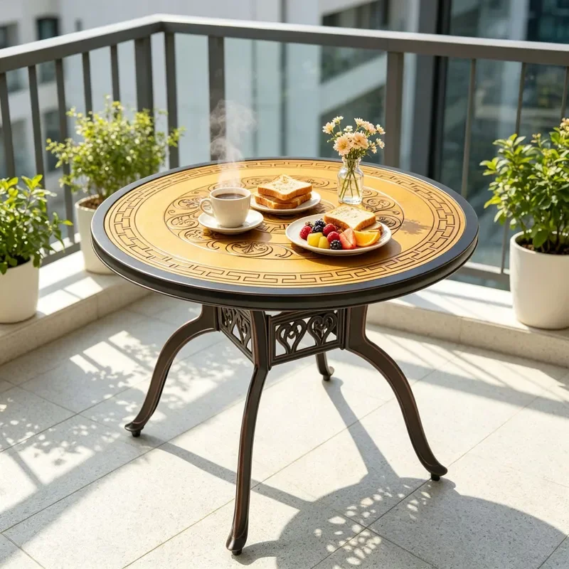 Outdoor Round Cast Aluminum Carved Table Relief Countertop Casual Dining Table for Courtyard Balcony XZM-101-1