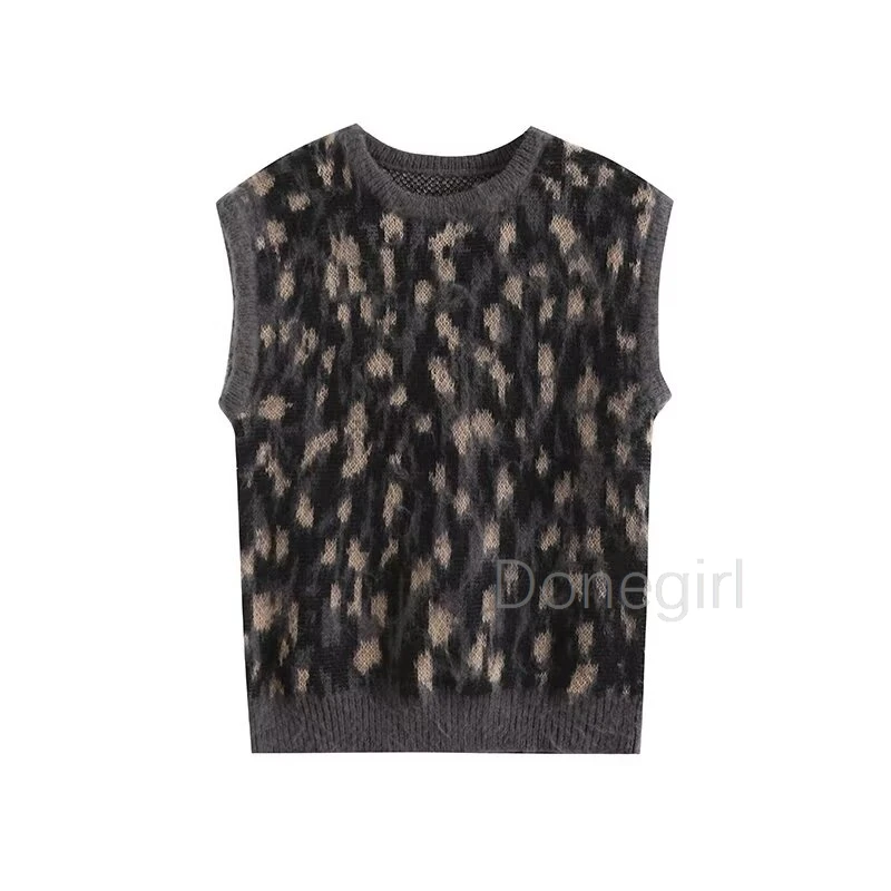 Donegirl Vintage Fashion 2024 Autumn Leopard Sleeveless Casual Women Vest Chic O Neck Streetwear Warm Holiday Mujer Sweater