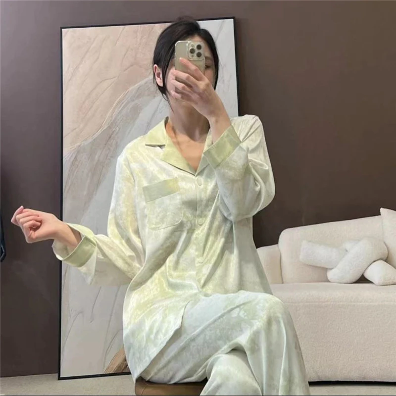 Women\'s Satin Pajama Set Spring New Classic Sandpainting Pajama Set Long Sleeve Button Green Pajama Lounge Pant Women Sleepwear