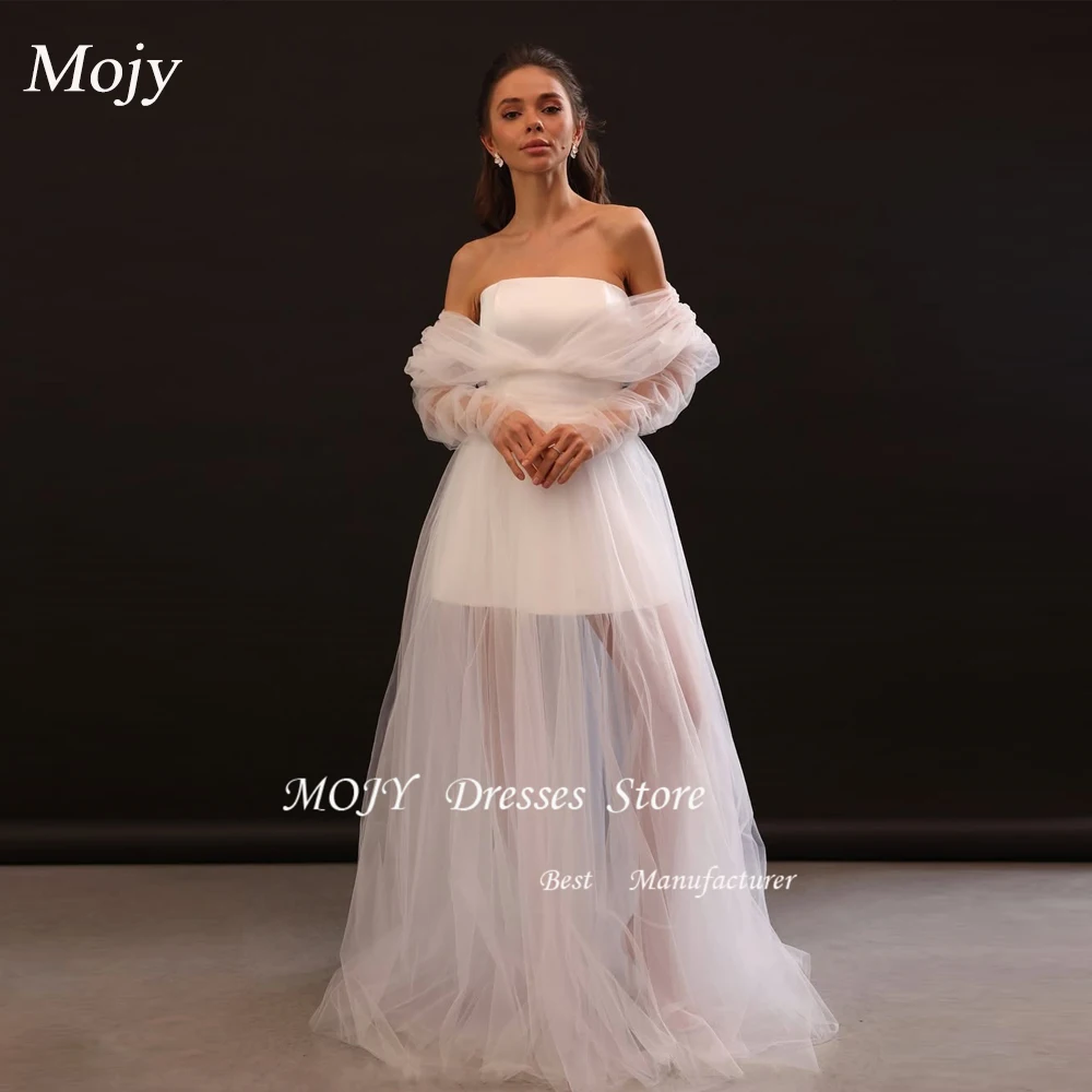 Mojy فستان الزفاف المرأة ألف خط الحبيب قبالة الكتف منتفخ الأكمام عارية الذراعين فستان زفاف Vestidos De Noiva مخصص