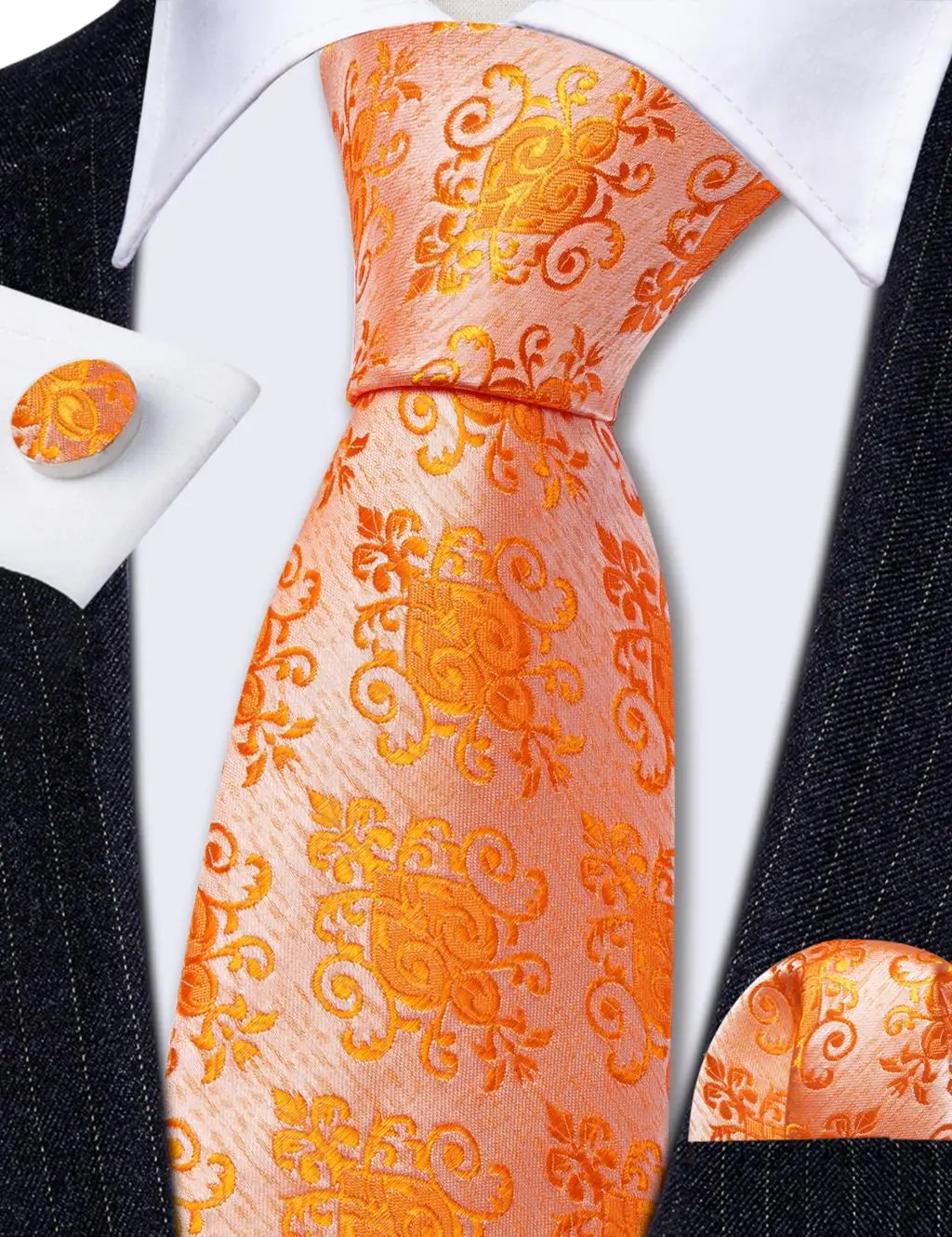 Exquisite Orange Silk Men Tie For Wedding Classic Jacquard Woven Pocket Square Cufflinks Sets Business Party Gifts Barry.Wang