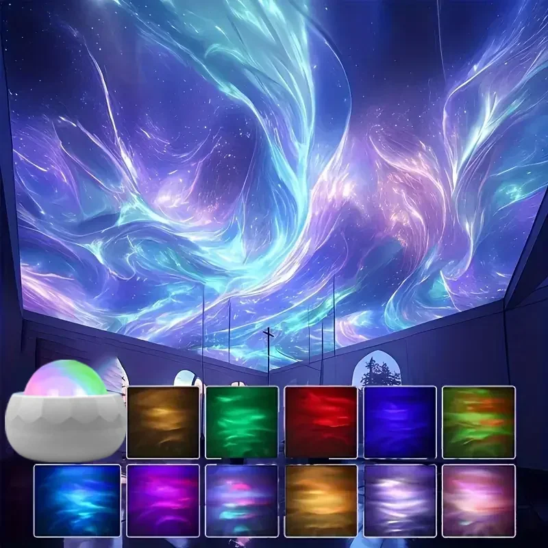LED Aurora Projector Light Starry Sky Galaxy Night Light RGB 7 Colors Auto Rotate with Remote Control for Home Room Decor Lamp