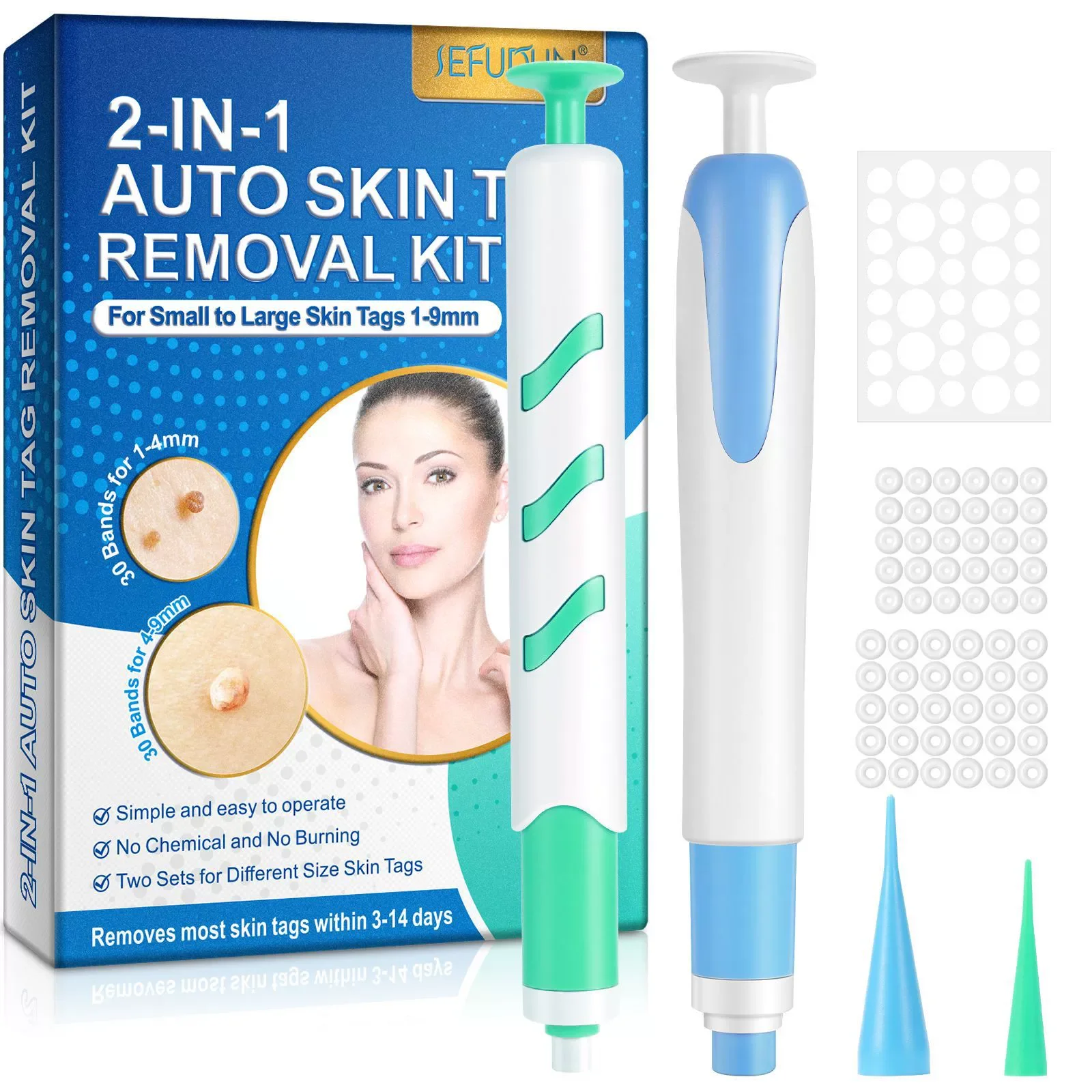 Kit d'élimination automatique des étiquettes cutanées 2 en 1, pour étiquettes cutanées de petite à grande taille, 1-9mm, avec écouvillons nettoyants et cônes dissolvant d'étiquettes cutanées de 2 tailles