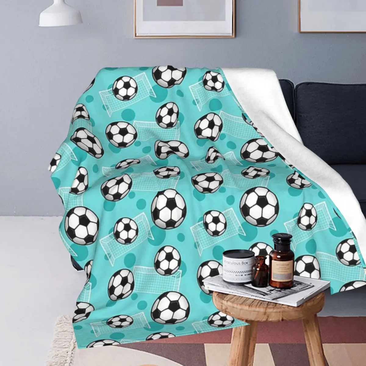 Soccer Ball And Goal Teal Pattern - Teal Soccer Blankets Soft Warm Flannel Throw Blanket Cover for Bed Living room Home Sofa