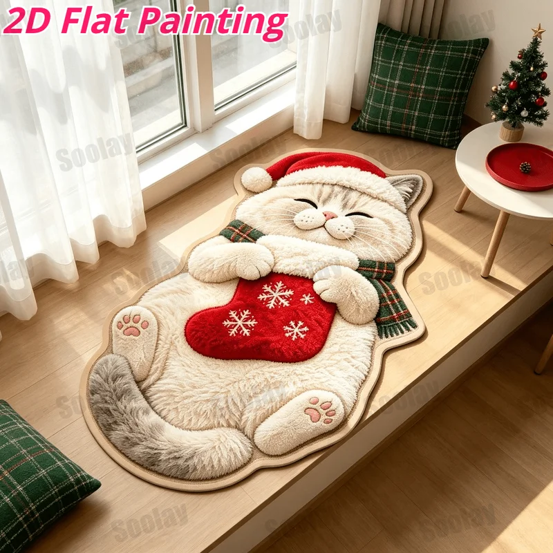 VIKAMA Cartoon Christmas Cat Irregular Shaped Rug Soft Plush Non-Slip Washable Absorbent Bathroom Bedroom Doormat Aesthetic Gift