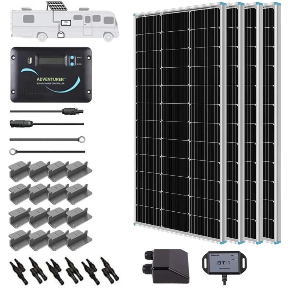 400 Watts 12 Volts Monocrystalline Solar RV Kit Off-Grid Kit with Adventurer 30A PWM LCD Charge Controller+ Mounting & 30A Male