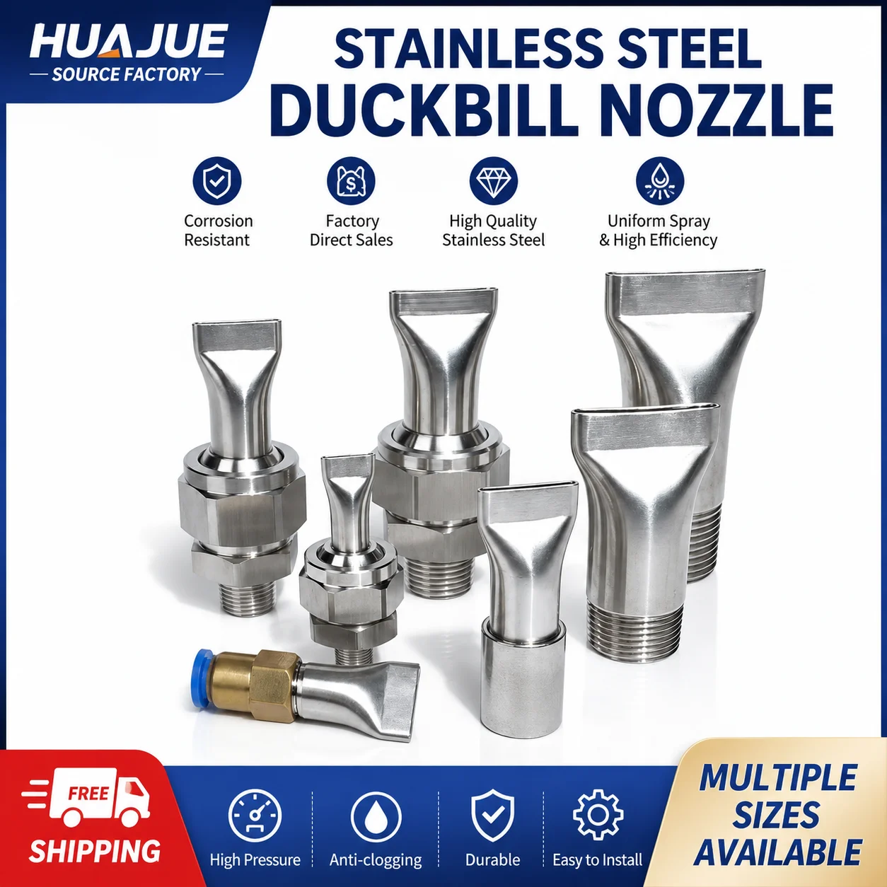 HUAJUE SS304 Duckbill Air Nozzle Flat Fan Air Knife for Drying Dust Removal Cooling 1/8