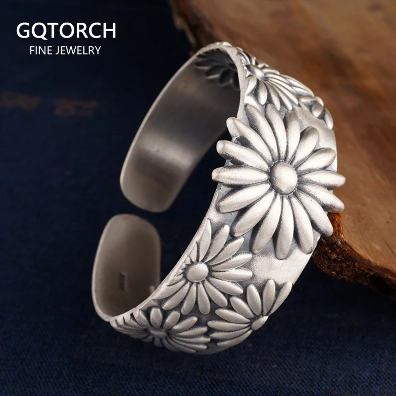 

Real Pure 999 Sterling Silver Bangles for Women Large Chrysanthemum Embossed Opening Cuff Fine Jewelry