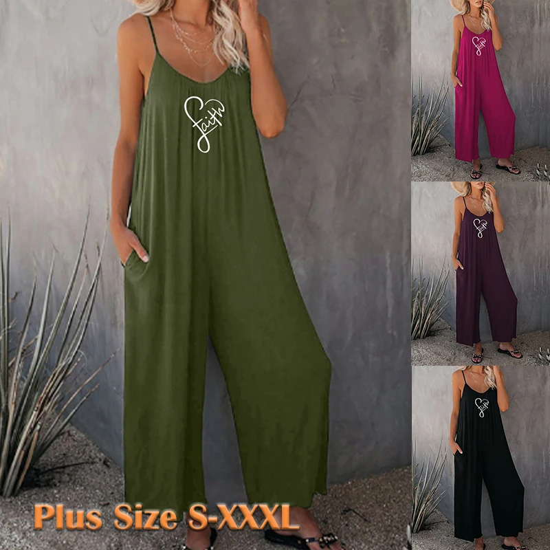 

Summer Vintage Straight Baggy Women Jumpsuit Sleeveless Vacation Printting Trousers Casual Backless Basic Wide Leg Pants