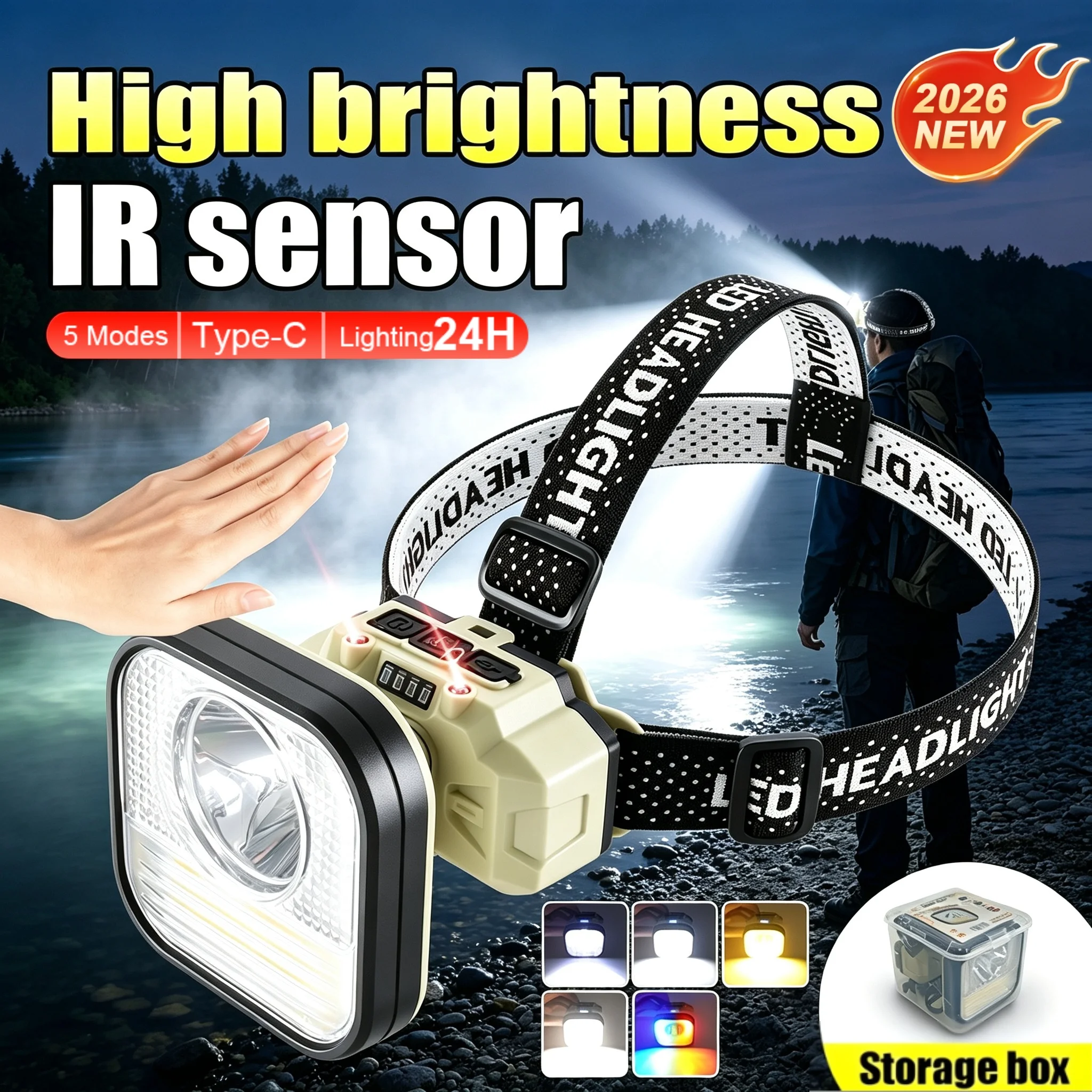2026New High Brightness IR Sensor LED Headlamp USB Rechargeable Headlight Waterproof For Fishing Camping Hiking Outdoor Lighting