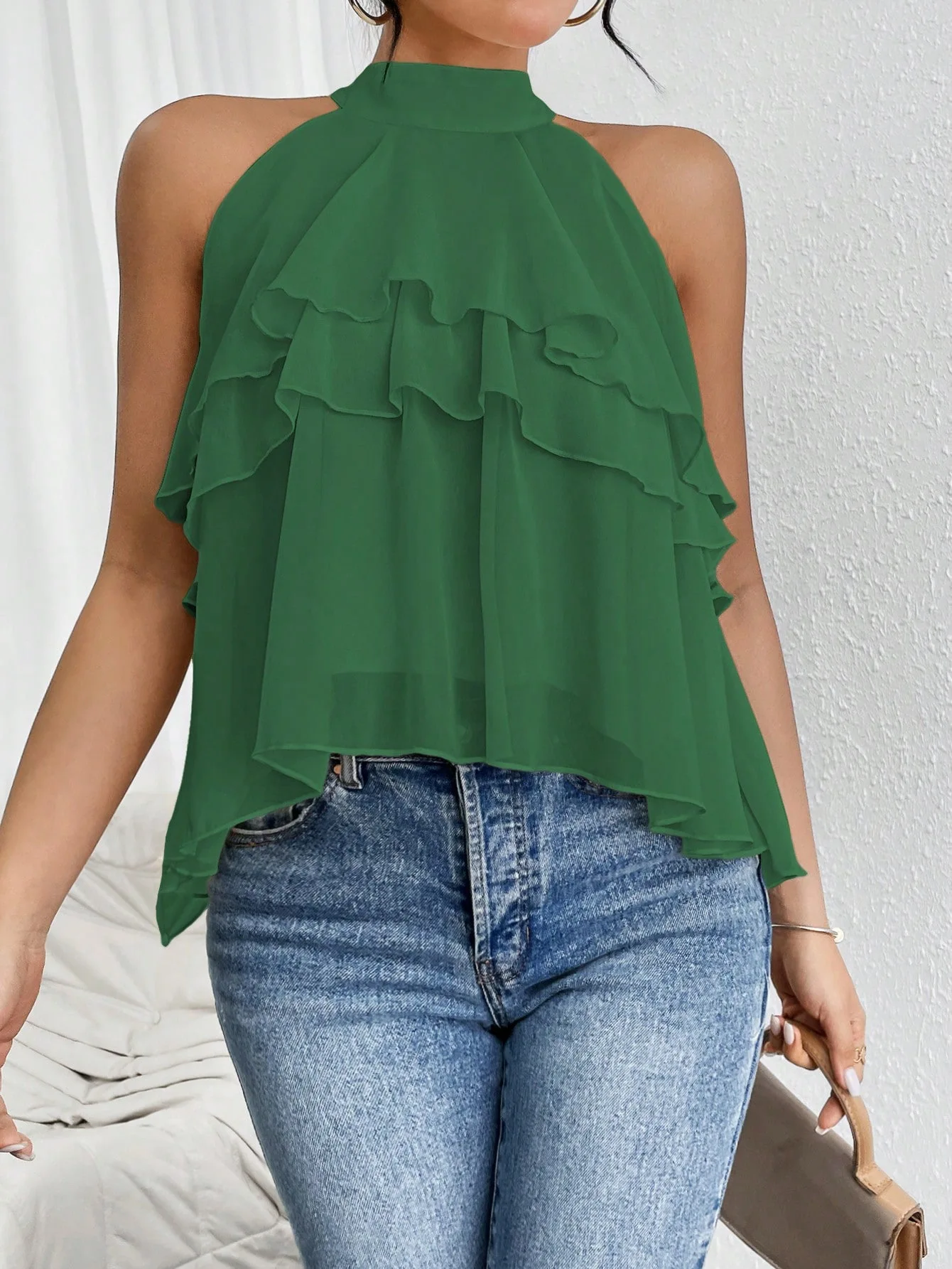 

New Sleeveless Halter Top Tee Ladies Temperament Solid Color Turtleneck Blouse Summer Fashion Pleated All-match Pullover Camis