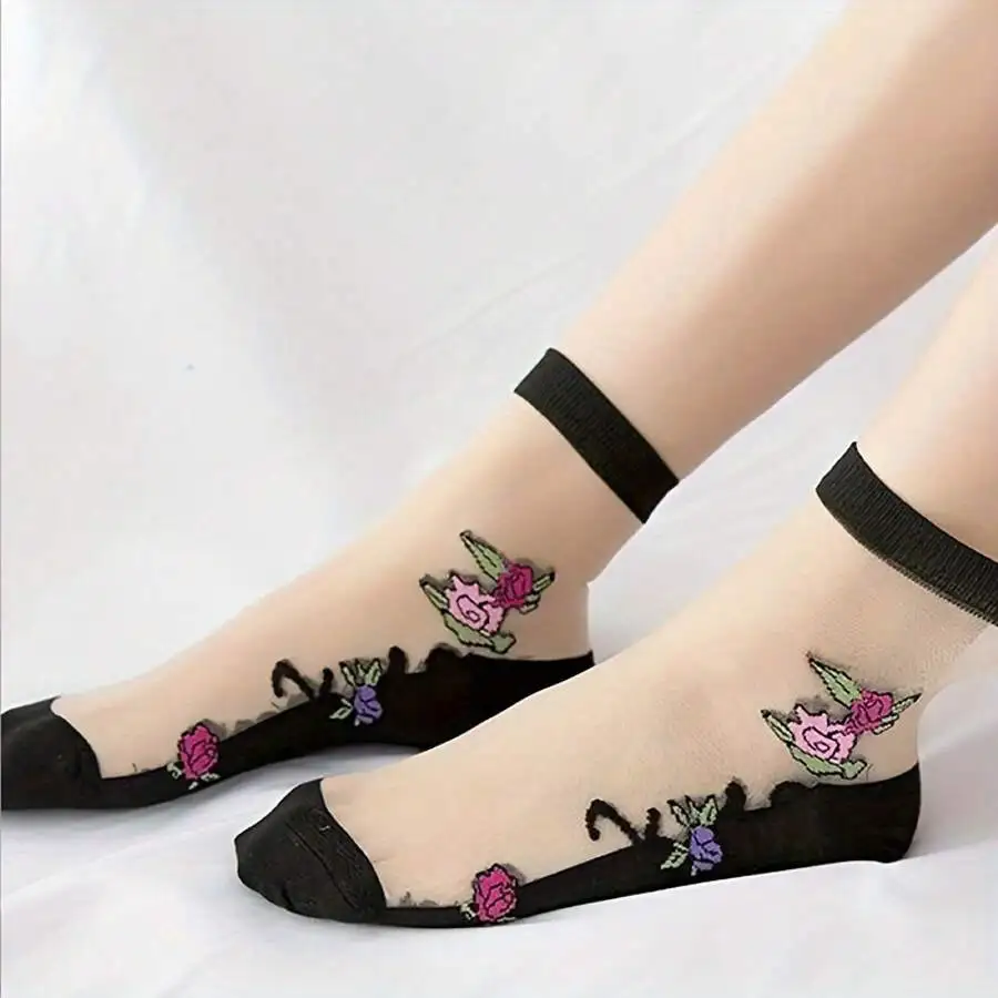 

5 Pairs Mixed Color Sheer Floral Ankle Socks Women Breathable Summer