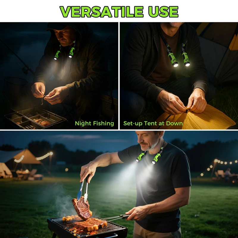Portable Lighting With Usb Charging And Led Neck Hanging Dual Lights For Emergency Maintenance For Night BBQ And Maintenance