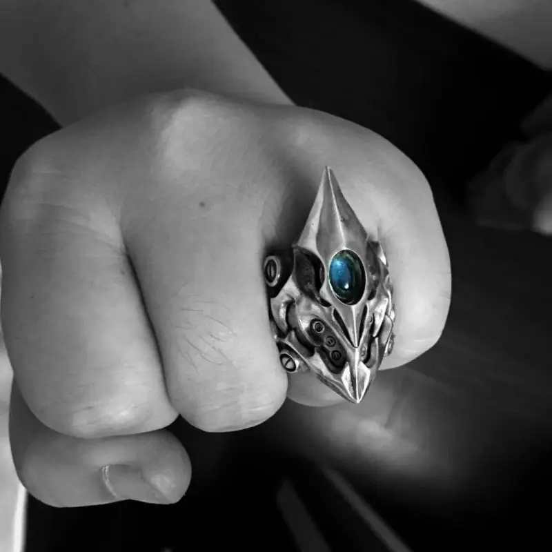 Design Future Machine War Ring Thai Silver Inlay Blue Zircon Rings Gothic Punk Cool Finger Ring for Men Women Party Jewelry