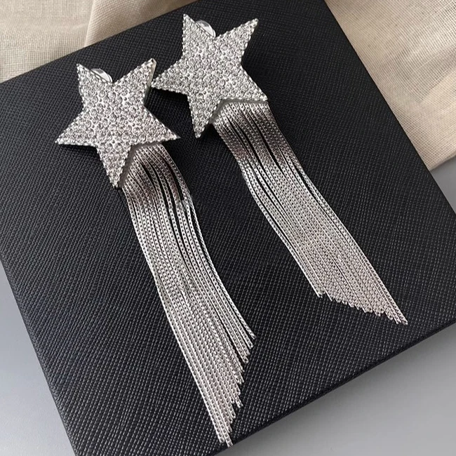 

Europe America Designer Star Tassel Crystal Zircon Luxury Ear Clip Earring Brooch Set Women Fashion Party Charm Jewelry