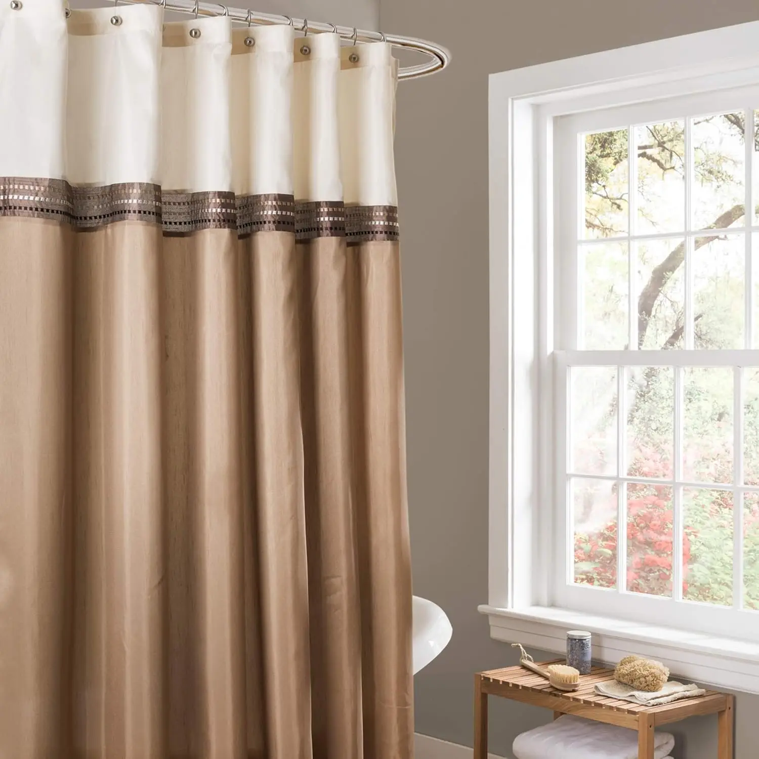 

72" x 72" Beige Ivory Fabric Shower Curtain for Bathroom, Modern Glam Decor, Neutral Bathroom Curtain