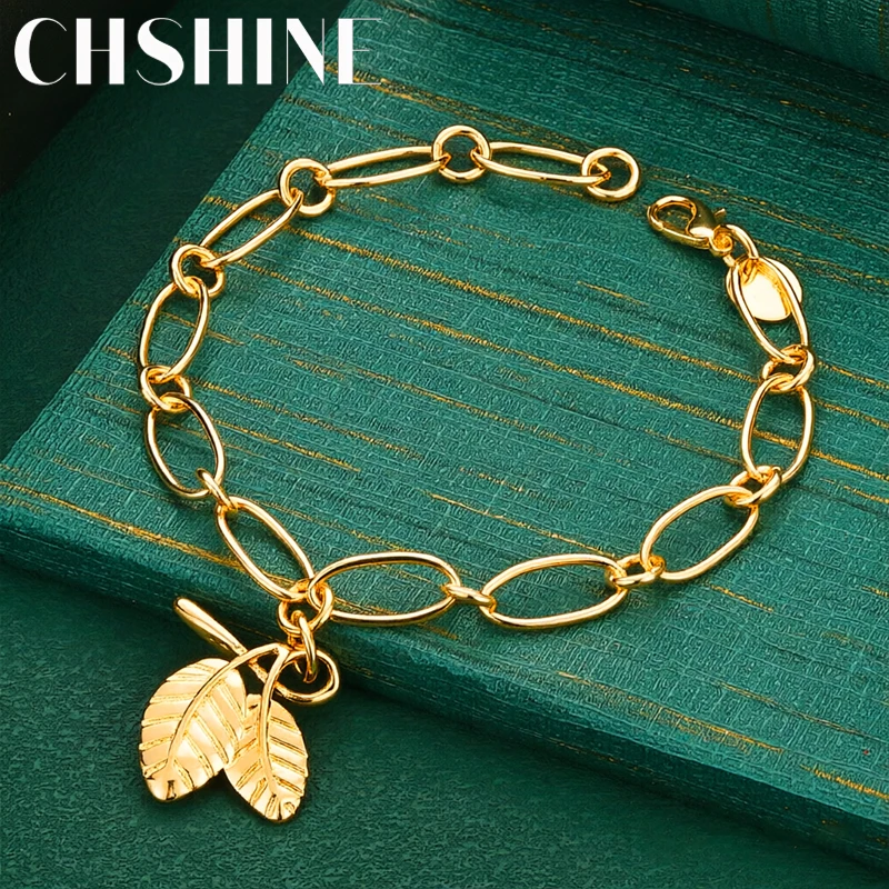 925 Sterling Silver 18K Gold  Engraved Leaf Charm Paperclip Link Bracelet for Women Minimalist Daily Dating Jewelry Gift