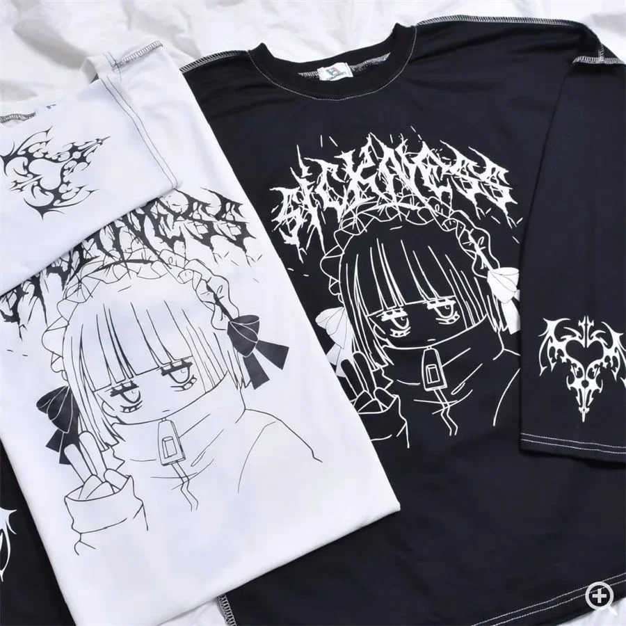 Japanese Subculture T-shirts Women Vintage Print T Shirt American Gotihc Punk Style Y2k Tops Harajuku Trend Female Chic Tees