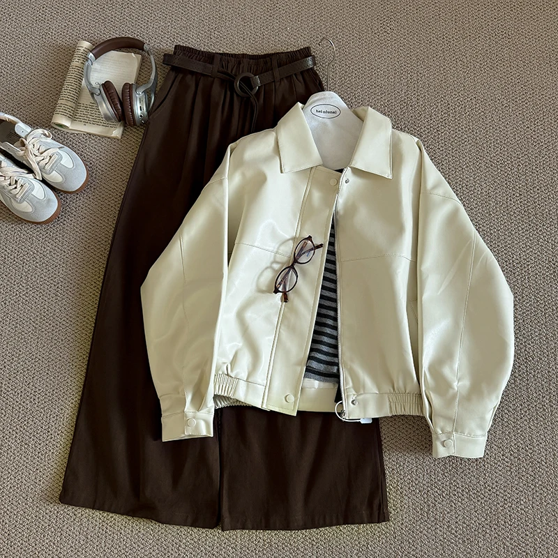 

Windproof Solid Color Retro Pu Leather Jacket Women Autumn Winter Korean Style Turn-down Collar Zipper Coat Female Outwear Tops