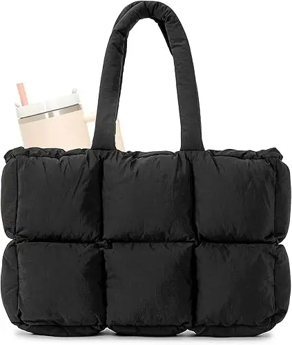 Korean Style Padded Tote Bag For Women Black Quilted Grid Soft Puffy Underarm Shoulder Bag Versatile Daily Handbag