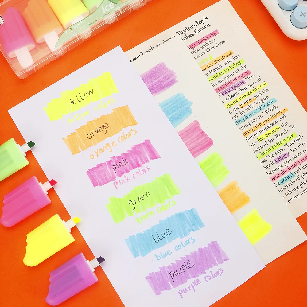 

6 Pcs/Set Cute Ice Cream Shape Highlighters - Non-bleeding - For Study & Meeting Notes,Office & School Stationery.