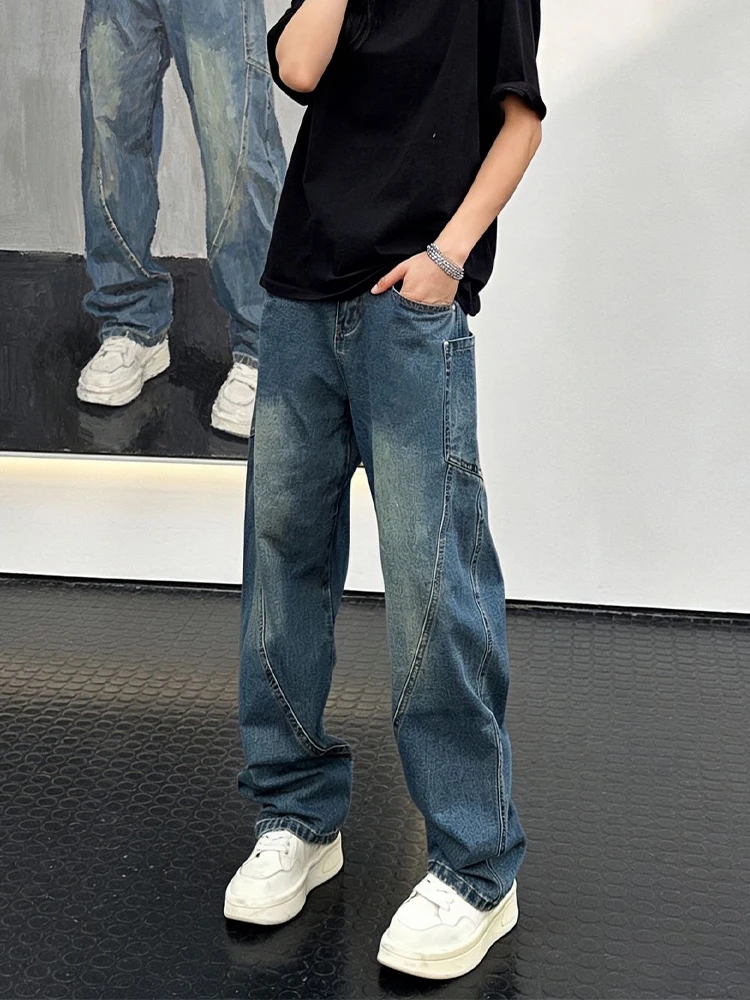 

Retro Blue Denim Jeans Men's Straight Leg Workwear Pants Spring American Cool High Waist Knife ket Water Waed Jeans