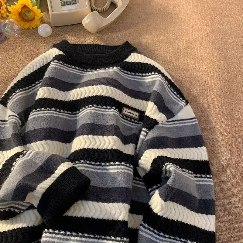 

Men's Loose Fit round Ne Knitwear Autumn Winter Casual Sle Antibacterial Wave Pattern Base Layer Hoodie Comfortable Soft ...