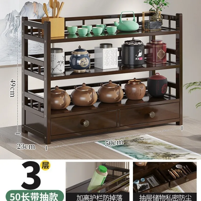 Bamboo Tea Rack with Fence Multi-Tier Drawer Display Shelf for Desk Cup Teapot Storage Organizer Home
