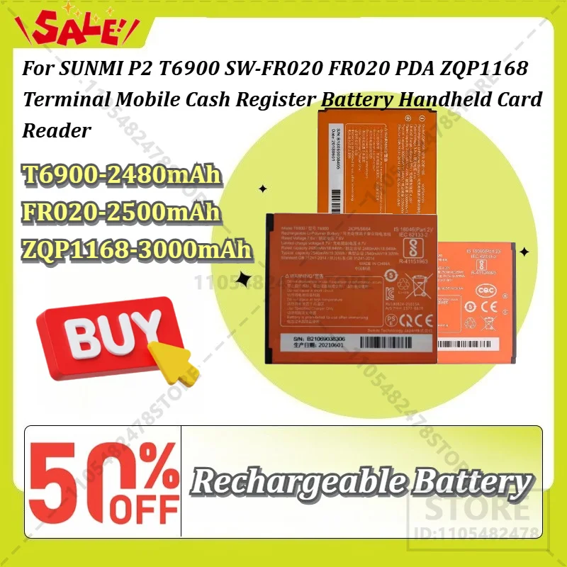 New Battery for SUNMI P2 T6900 SW-FR020 FR020 PDA ZQP1168 Terminal Mobile Cash Register Battery Handheld Card Reader