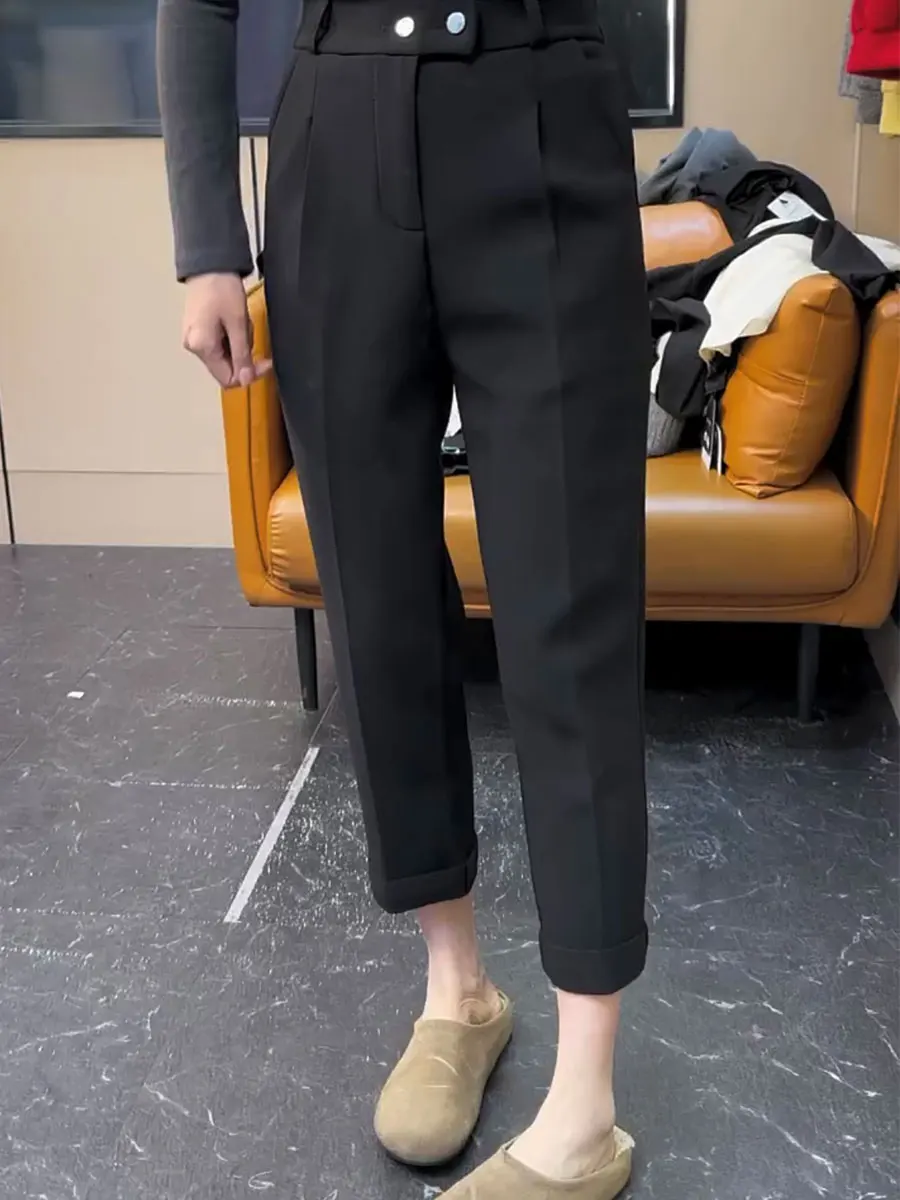 

Bla Harlan Sle Women's Suit Pants Spring Autumn plus Size Slimming Cigarette Pants Versatile High Waist Button Cotton Blend