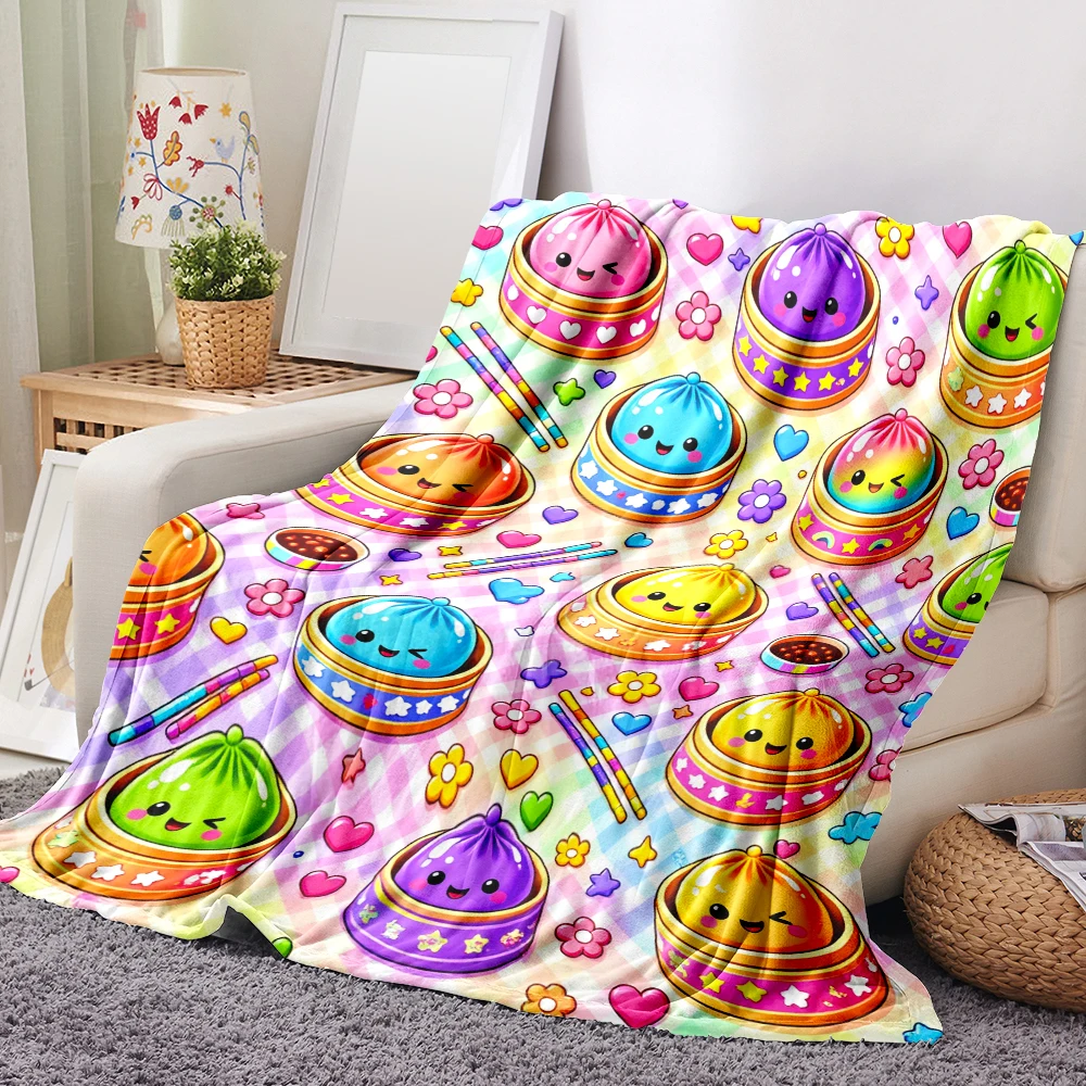 1PC Cute Cartoon Bun and Steamer Print Blanket-Made of soft plush flannel, perfect for the sofa or bed. A fun and colorful home