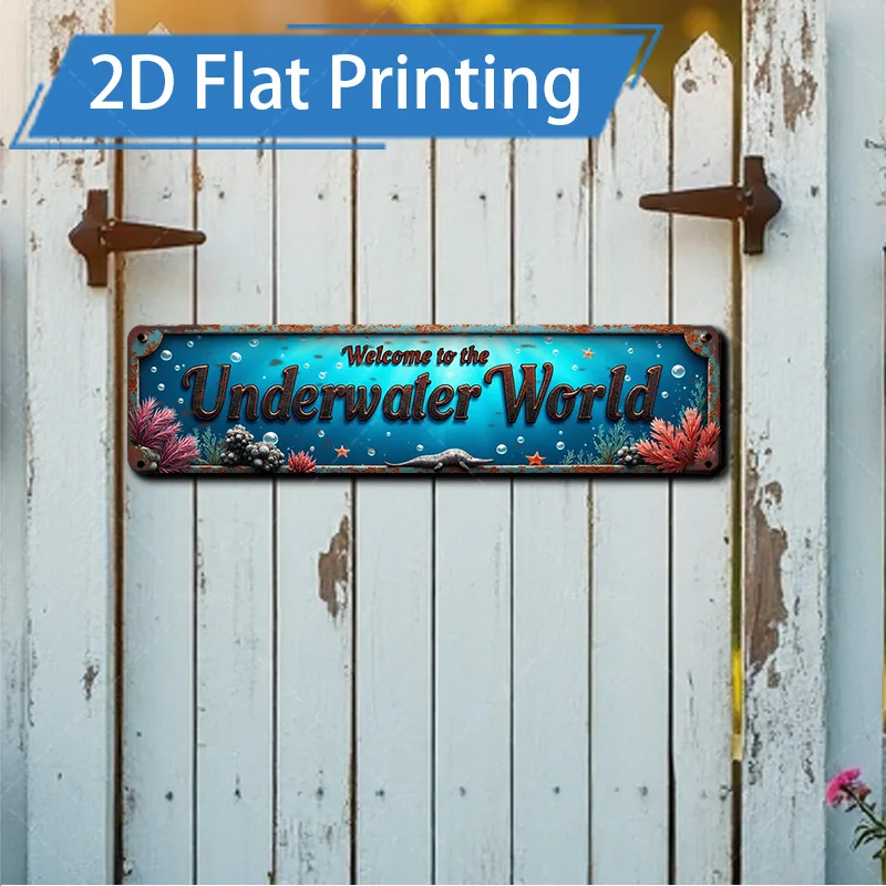 1 قطعة علامة معدنية، 4 × 16 بوصة "علامة معدنية لعالم المياه الريفية تحت الماء - ديكور موضوع المحيط للمنزل والحديقة" #1