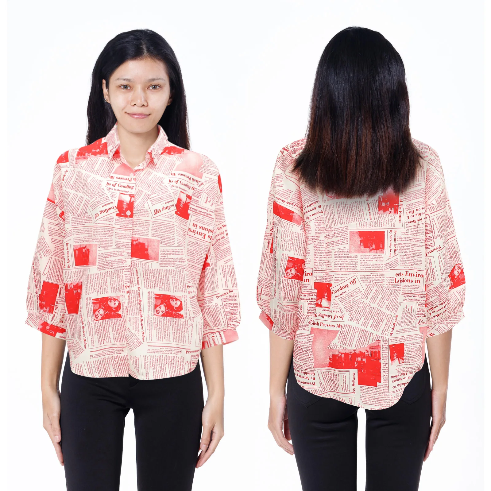 

Women Fashion Newspaper Print Shirt Red Single-Breasted Lapel Long Sleeve Blouse Summer Spring Shirt for Women