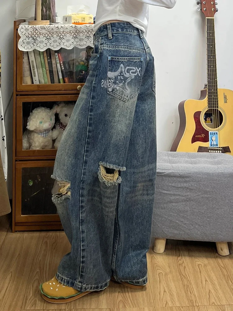 

Джинсы с высокой талией и широкими штанинами для женщин больших размеров, с рваными элементами, осенние, новые, прямого кроя, свободные, стройнящие брюки