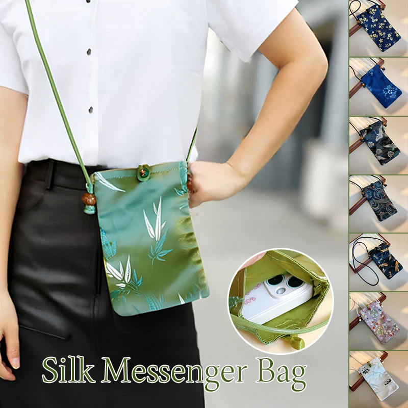 Women Chinese Style Embroidered Satin Bag Mobile Phone Pouch Small Jewelry Satin Coin Key Purse Shoulder Crossbody Bag