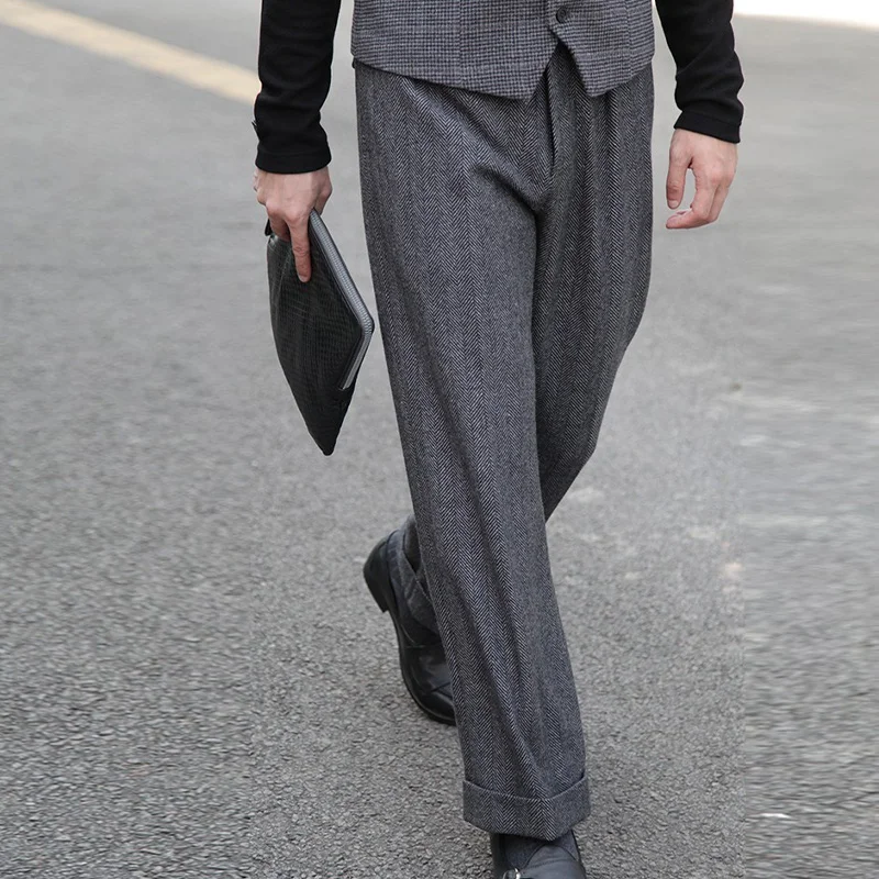 

Autumn and Winter Men's Custom British European and American Style Herringbone Wool Straight-Leg Pants Street Style Loose Dress Pants
