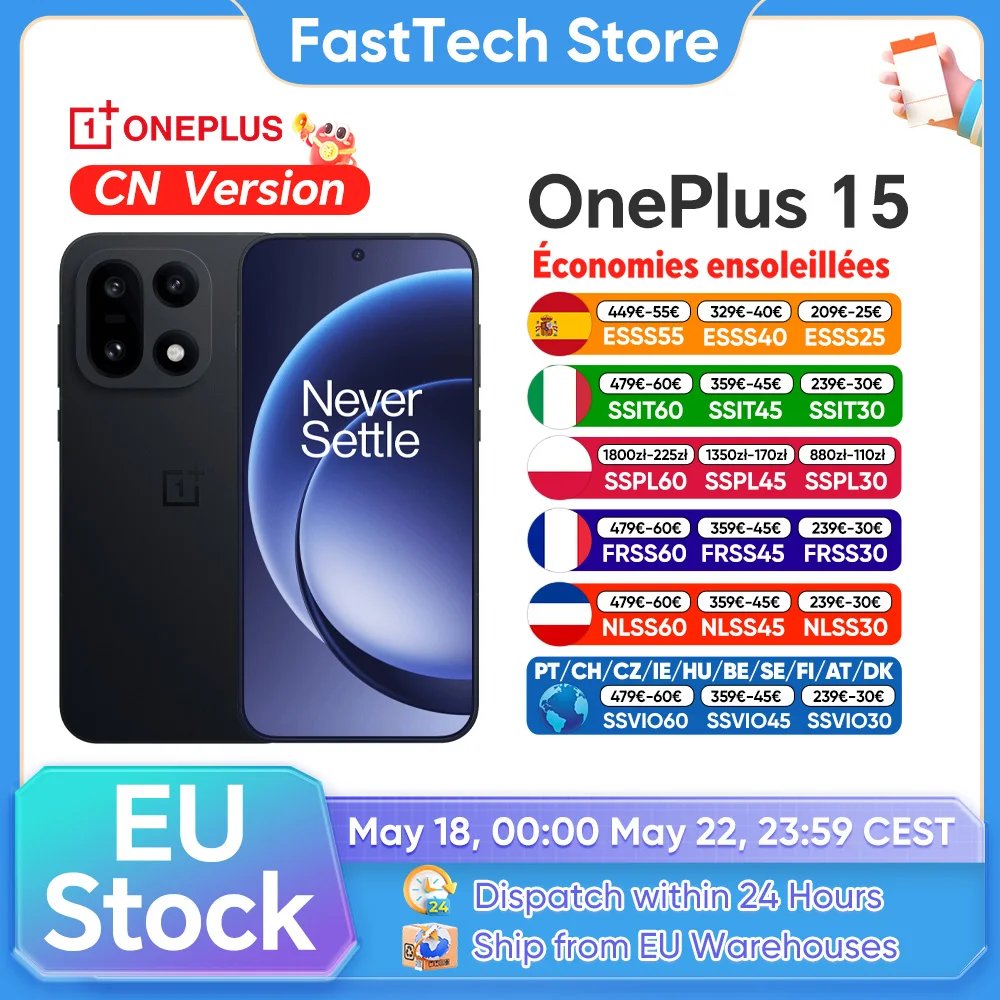 Smartphone OnePlus 15 5G, Snapdragon 8 Gen 5, écran AMOLED 6,78 pouces 165 Hz, 7300 mAh, 120 W, triple appareil photo 50 MP