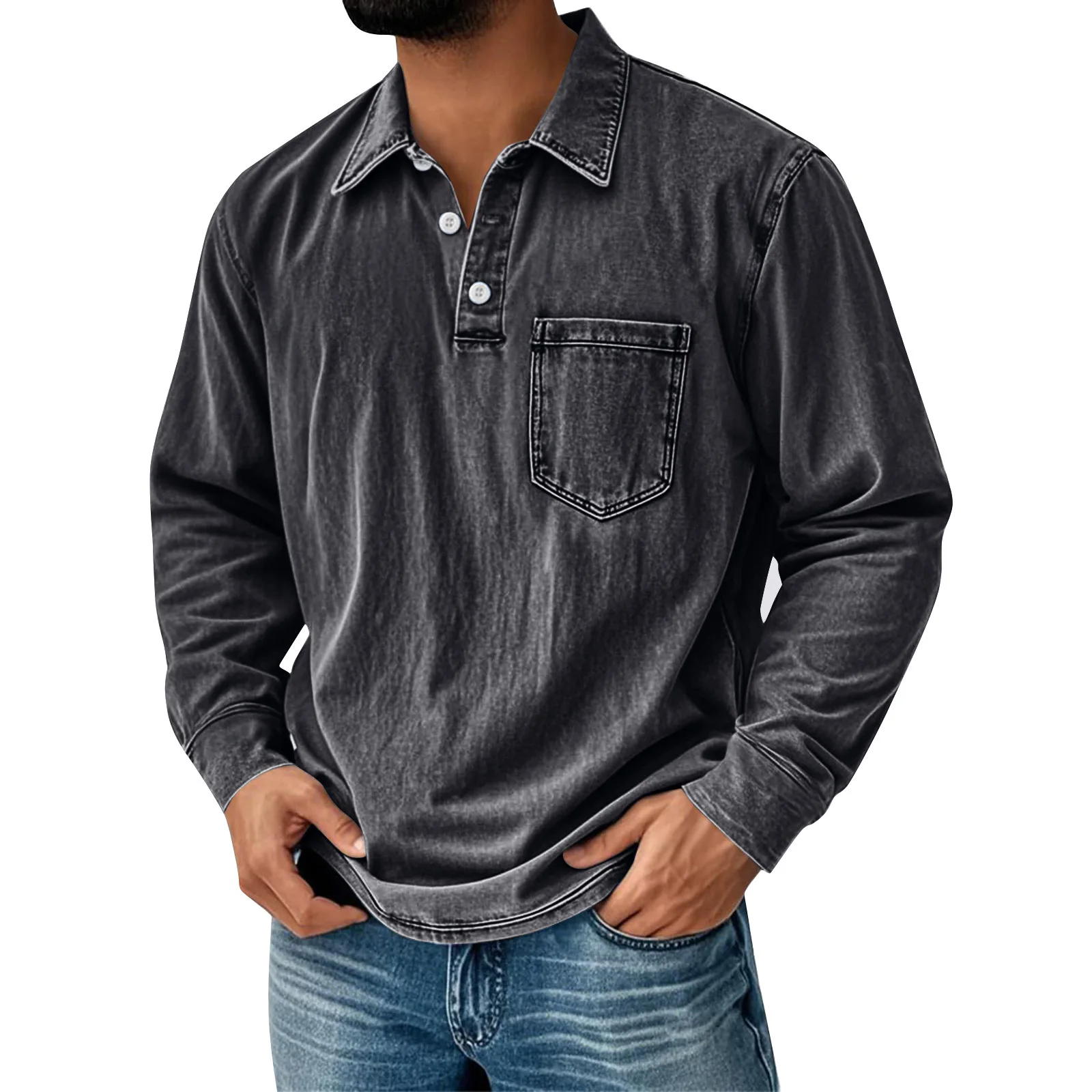 

2026 Men Henley Shirt Long Sleeve 3 Button Lapel Collar Solid Color Casual Autumn European American Style Fashion sports top