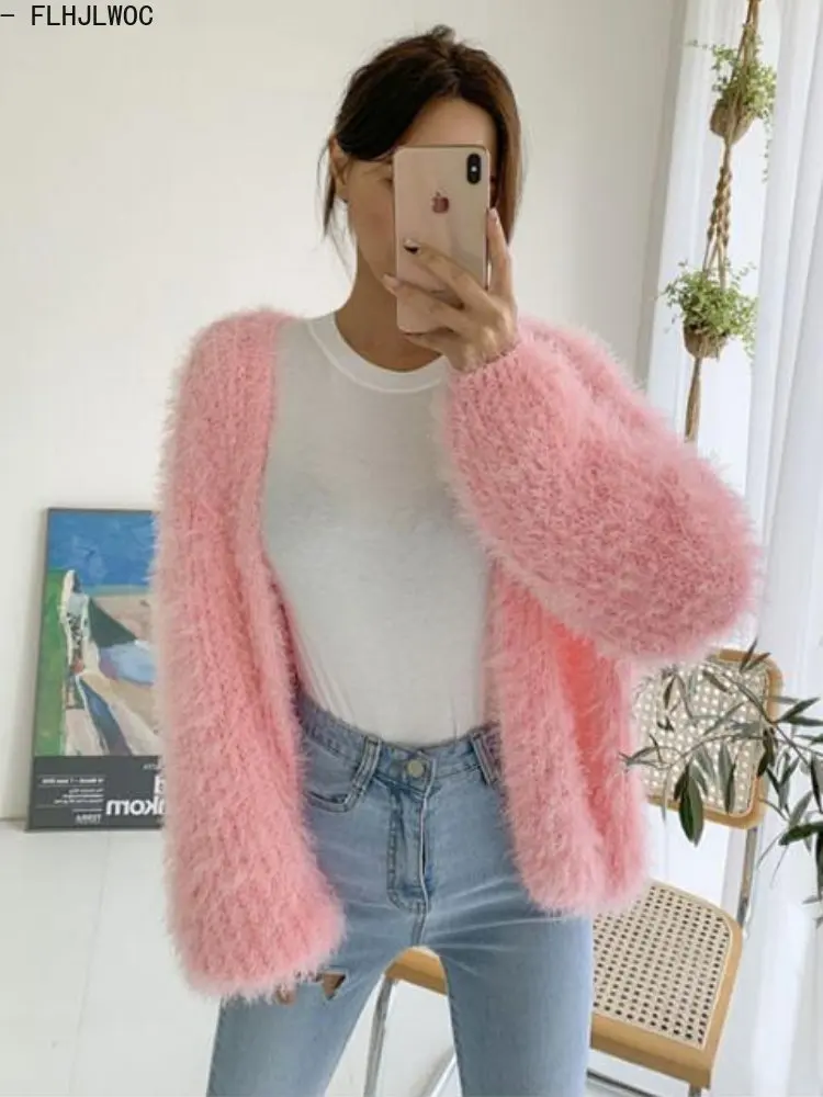 Chic Korean Cute Clothes Autumn Winter Women Long Sleeve Casual Loose Lazy Girls Purple Pink Knitted Sweater Cardigans