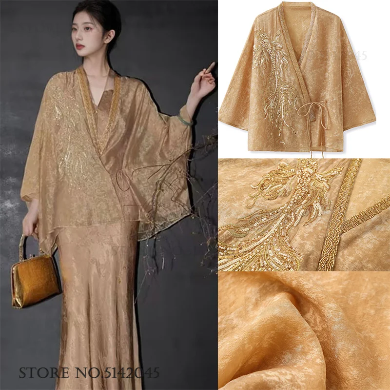Women New Chinese 2 Piece Outfit Sequin Embroidery Blouse And Spaghetti Strap Maxi Dress Set Hanfu Tops Jacket Loose Coat