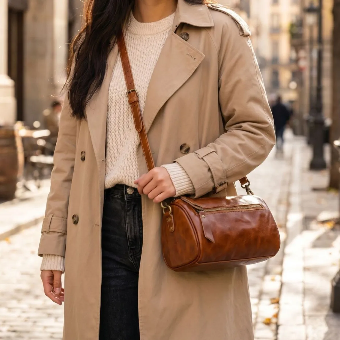 Vegetable Tanned Leather Cylinder Crossbody Bag, Vintage Barrel Shoulder Bag, Zipper Small Handbag for Phone Cosmetics Keys