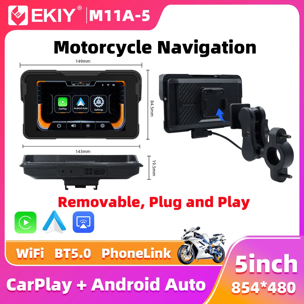 EKIY 5.0 inch Wireless CarPlay Moto Android Auto Portable Digital Motorcycle Dashboard GPS Motorcycle Navigation Display Screen