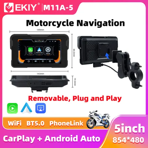 EKIY 5.0 นิ้วไร้สาย CarPlay Moto Android Auto แบบพกพาดิจิตอลแดชบอร์ดรถจักรยานยนต์ GPS รถจักรยานยนต์นําทางจอแสดงผลหน้าจอ