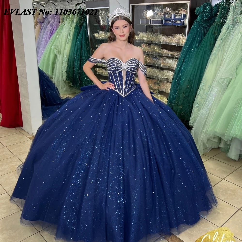 EVLAST Customized Navy Blue Off Shoulder Quinnceanera Dress Ball Gown Applique Beading Corset Sweet 16 Vestidos De 15 Anos SQ639