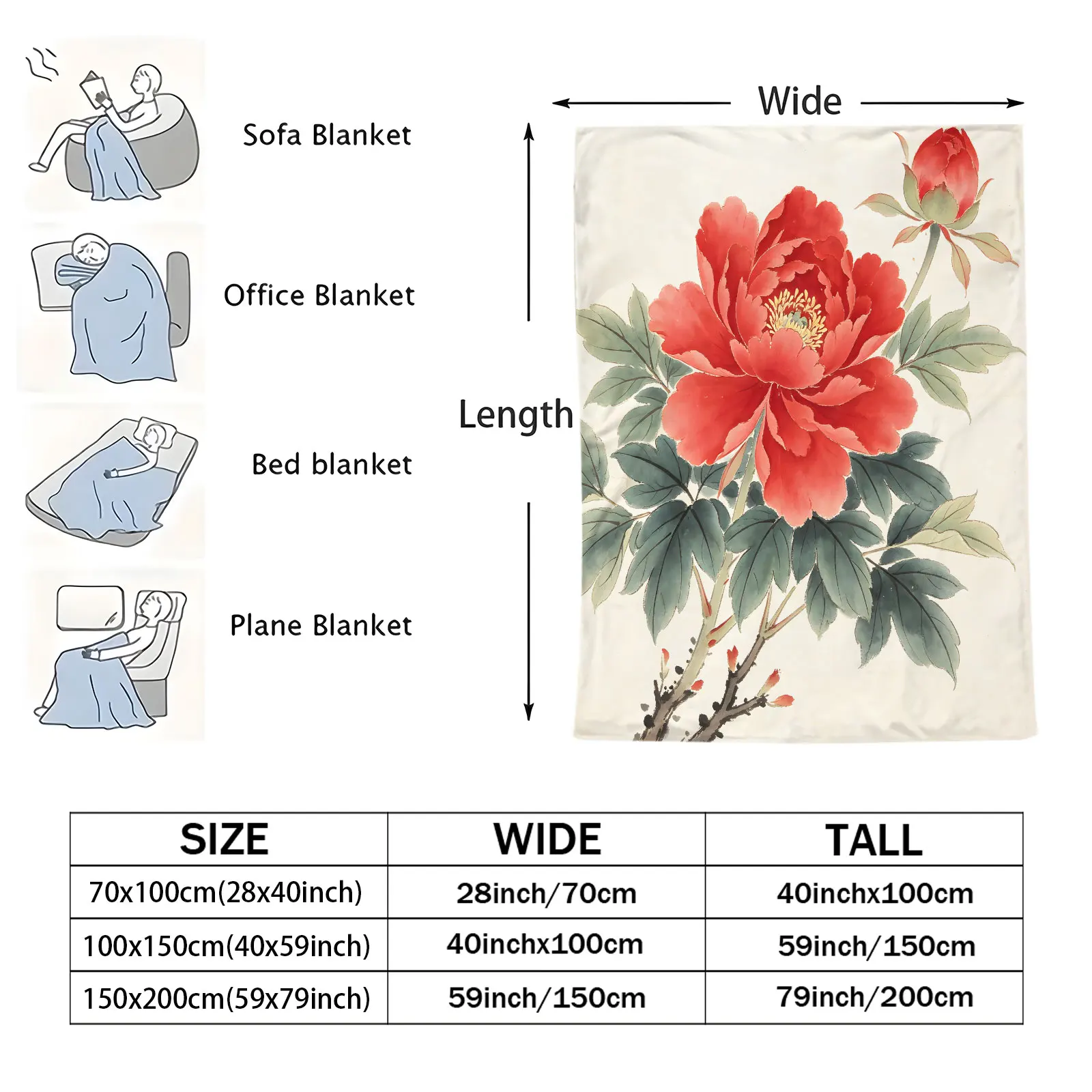 Chinese Ink Wash Painting Red Peony Throw Blanket Traditional Oriental Floral Plush Fleece Blanket Sofa Bed Car Travel Camping
