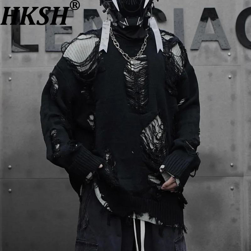 

HKSH Autumn Winter New Man Tide Fake Two-Piece High Street Spliced Distressed Sweater Oversized Reversible Hole Pullover HK13480