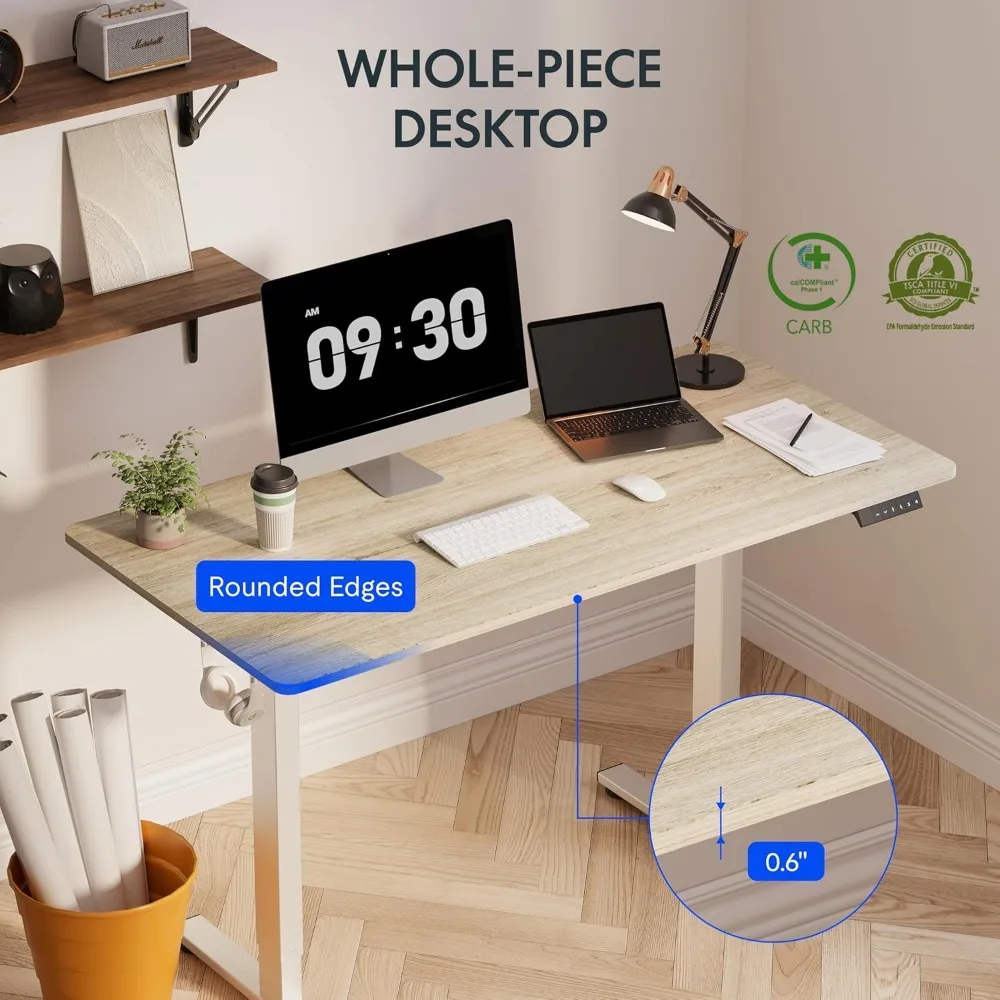 مكتب قائم من قطعة واحدة EN1، مكتب كهربائي قابل للتعديل بارتفاع 48 × 24 بوصة للمكتب المنزلي (إطار أبيض + حبيبات خشبية بيضاء