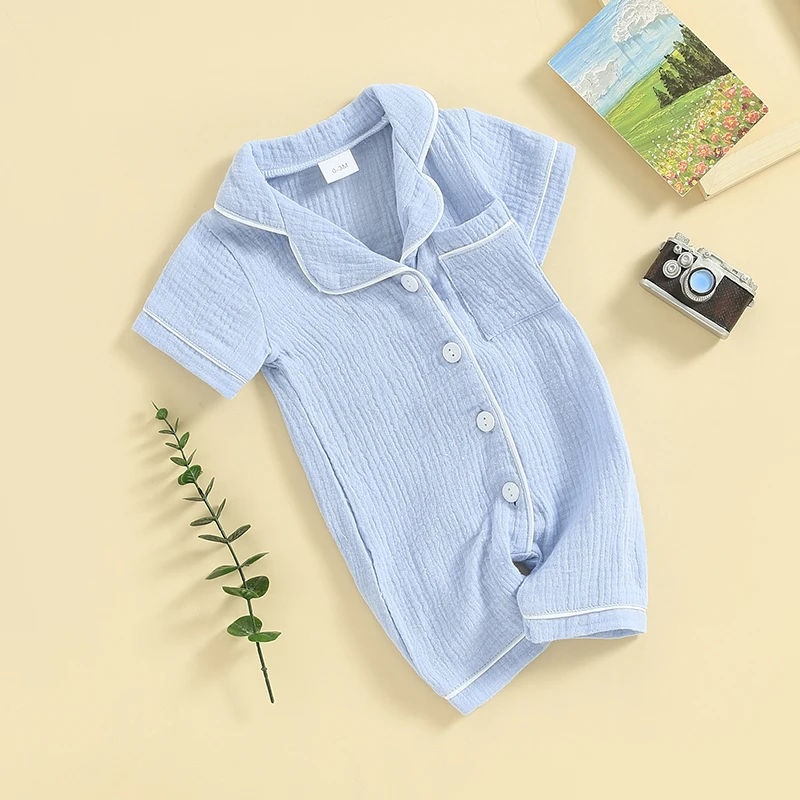 Barboteuses à manches courtes pour bébés garçons et filles, vêtements de détente mignons, combinaisons, col à revers, pyjamas boutonnés, vêtements de nuit pour nouveau-nés avec poches