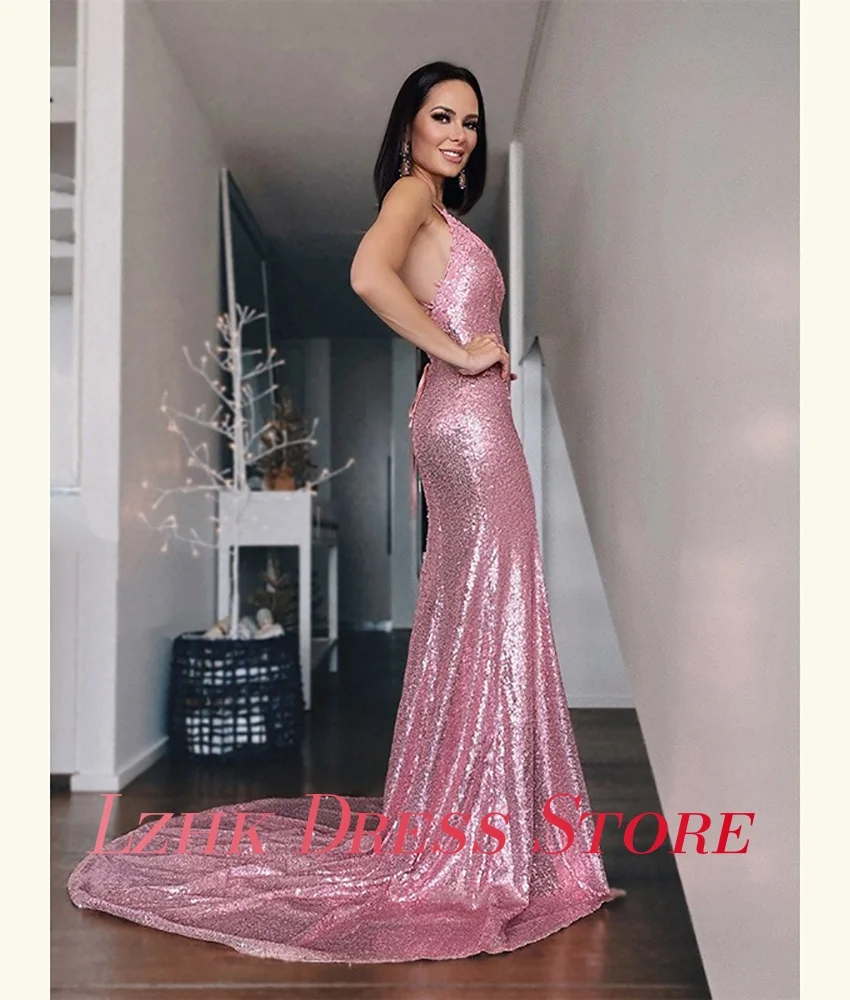 Personalizado de luxo lantejoulas apliques sereia cintas espaguete vestido noite alta qualidade querida sem mangas vestidos festa