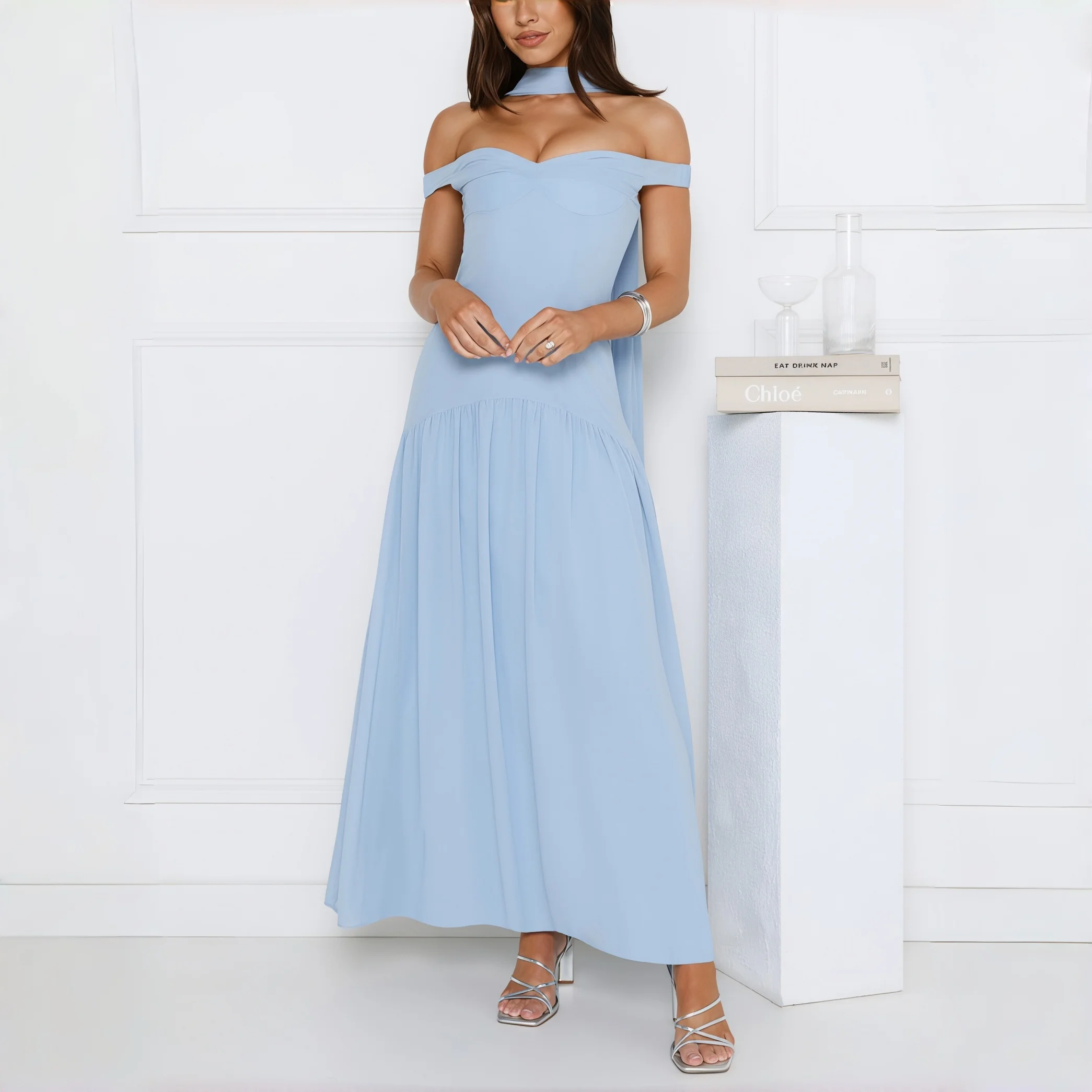 Light Blue Off-Shoulder Chiffon Maxi Dress Sweetheart Neck Draped Sash Formal Cocktail Party Bridesmaid Prom Evening Gown